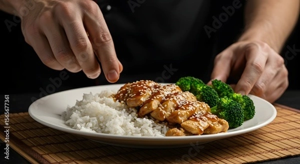 Fototapeta Professional Chef's Hands Garnishing Glazed Chicken with Sesame Seeds, Served with Fluffy White Rice and Steamed Broccoli on a White Plate for a De...
