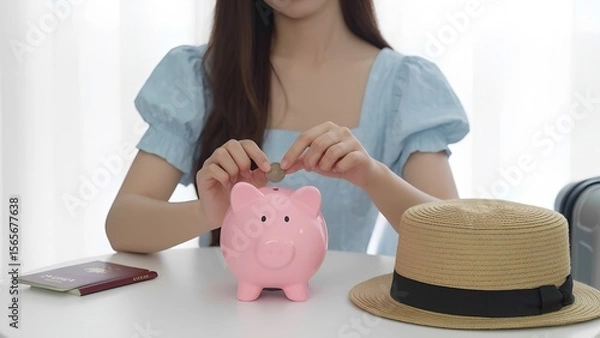 Fototapeta A close-up shot of a hand depositing a coin into a piggy bank,A piggy bank symbolizes more than just saving coins—it represents discipline, dreams, and a hopeful future.