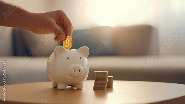 Fototapeta A close-up shot of a hand depositing a coin into a piggy bank,A piggy bank symbolizes more than just saving coins—it represents discipline, dreams, and a hopeful future.