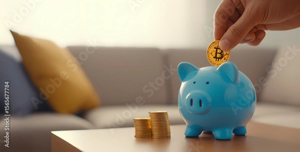Fototapeta A close-up shot of a hand depositing a coin into a piggy bank,A piggy bank symbolizes more than just saving coins—it represents discipline, dreams, and a hopeful future.
