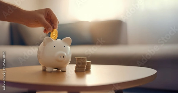 Fototapeta A close-up shot of a hand depositing a coin into a piggy bank,A piggy bank symbolizes more than just saving coins—it represents discipline, dreams, and a hopeful future.
