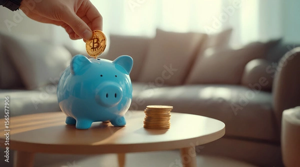 Fototapeta A close-up shot of a hand depositing a coin into a piggy bank,A piggy bank symbolizes more than just saving coins—it represents discipline, dreams, and a hopeful future.