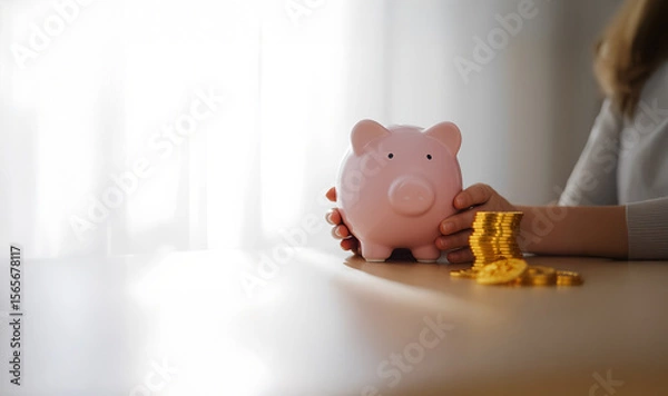Fototapeta A young girl gently holds a piggy bank with both hands,A piggy bank symbolizes more than just saving coins—it represents discipline, dreams, and a hopeful future.