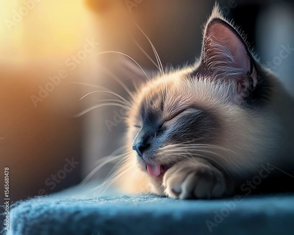 Fototapeta Cat Grooming, Shedding, Clean, Serene Cat Resting with Soft Light and Calm Expression at Home