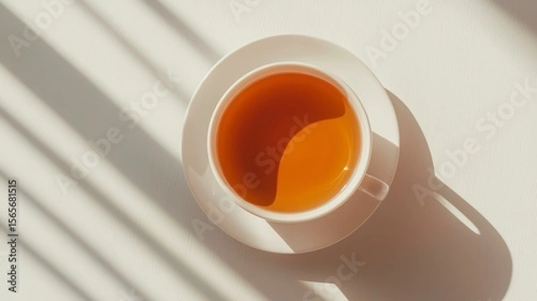Fototapeta Work-life Balance, Self-care, Career Success, Serene Cup of Tea with Gentle Sunlight and Shadows on Surface