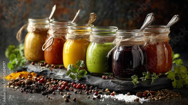 Obraz Assorted Sauces in Small Jars on Rustic Background with Spices