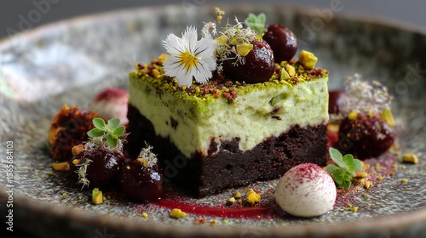 Obraz Gourmet Pistachio Kulfi on Stick with Brownie Crumb, Feuilletine and Cherry Sauce