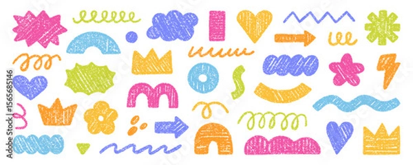 Fototapeta Abstract geometric shapes and forms, chalk pencil doodle set. Crayon modern figures, brush crown, stars, arrow in sketch style. Hand drawn vector illustration isolated on white background