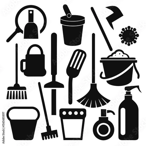 Fototapeta Perfect Vector Collection Of Cleaning Tools Silhouettes For Use Graphics Websites And Apps Designs On White Background