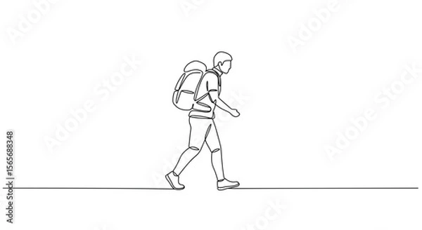 Obraz Walking hiker with backpack on white background