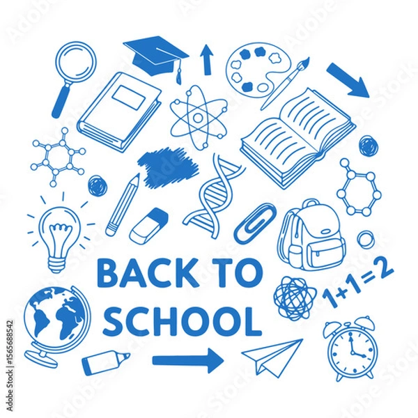 Fototapeta back to school collection, doodle sketch style set, books, backpack, globe, light bulb, student cap, pencil