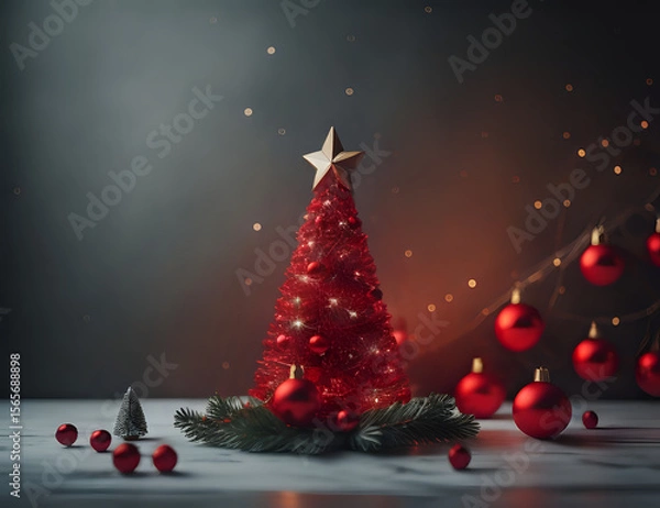 Fototapeta AI-generated Christmas background featuring a red Christmas tree decorated with red ornaments. The entire scene is set in warm red tones, creating a festive and stylish holiday atmosphere
