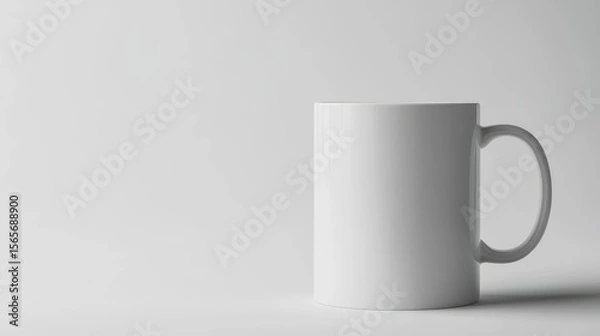 Fototapeta Minimalist white ceramic coffee mug with a curved handle on a plain light gray background for beverage and cafe display