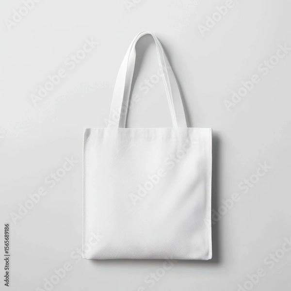 Fototapeta Plain white fabric tote bag with long handles on a light grey background for shopping or casual use