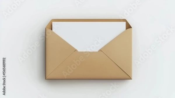 Fototapeta Elegant beige envelope with white paper insert on a plain white background for correspondence letter open