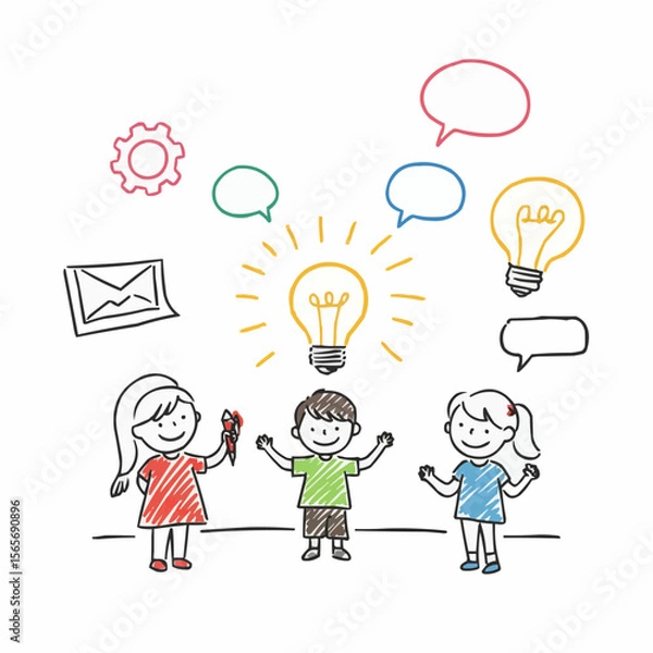Fototapeta Children brainstorming ideas with lightbulbs and speech bubbles  