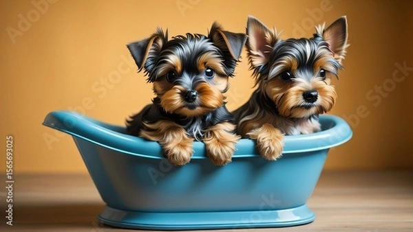 Fototapeta AI-generated image of two Yorkshire Terrier puppies sitting together in a bathtub. The scene captures their cute and playful nature, ideal for pet care, grooming, and adorable pet-themed content.