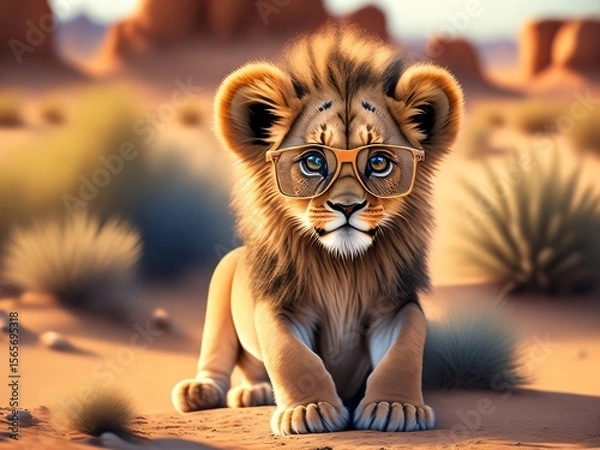 Fototapeta AI-generated portrait of a baby lion wearing eyeglasses. The image combines cuteness and whimsy, portraying the young lion with a charming and intelligent expression, perfect for creative projects,