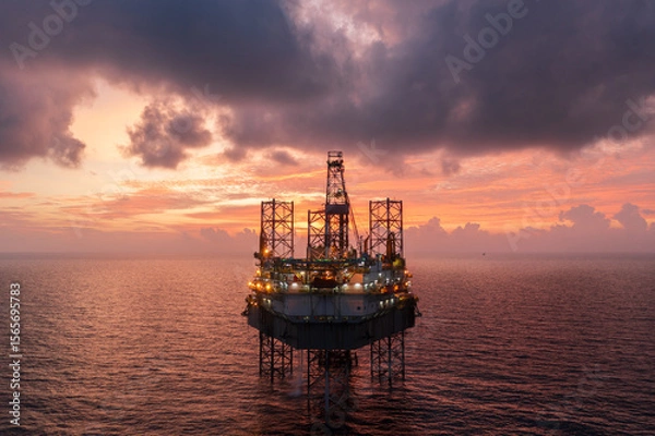 Obraz Aerial view of offshore jack up drilling rig during sunset - oil and gas industry