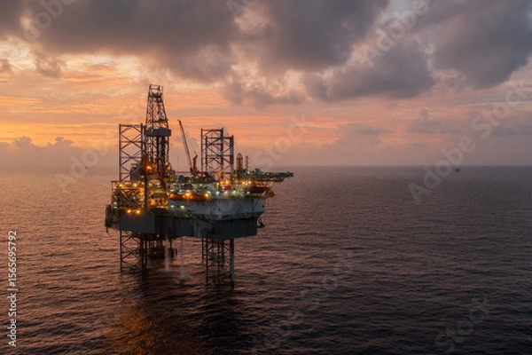 Obraz Aerial view of offshore jack up drilling rig during sunset - oil and gas industry