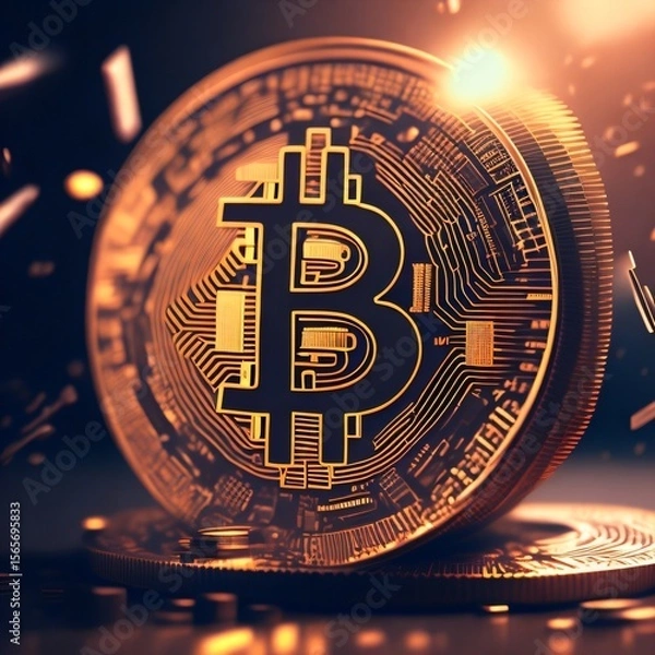 Fototapeta AI-generated image of a Bitcoin coin, symbolizing digital currency and blockchain technology. The design represents modern finance, cryptocurrency investment, and the evolving world of decentralized.