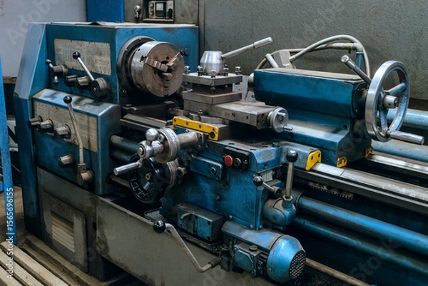 Fototapeta Old blue lathe. Metalworking machine close-up. Lathe handles.