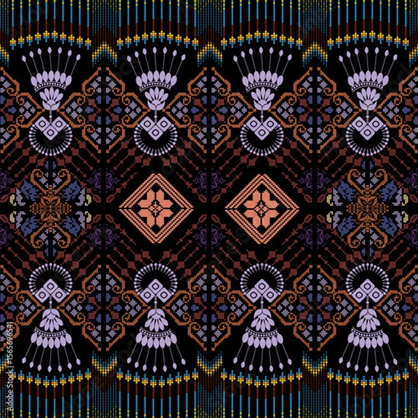 Fototapeta Traditional textiles, intricate Ikat-style designs, geometric and floral textile art, ethnic woven patterns, dark-hued fabrics with intricate motifs, and mystical tapestries 