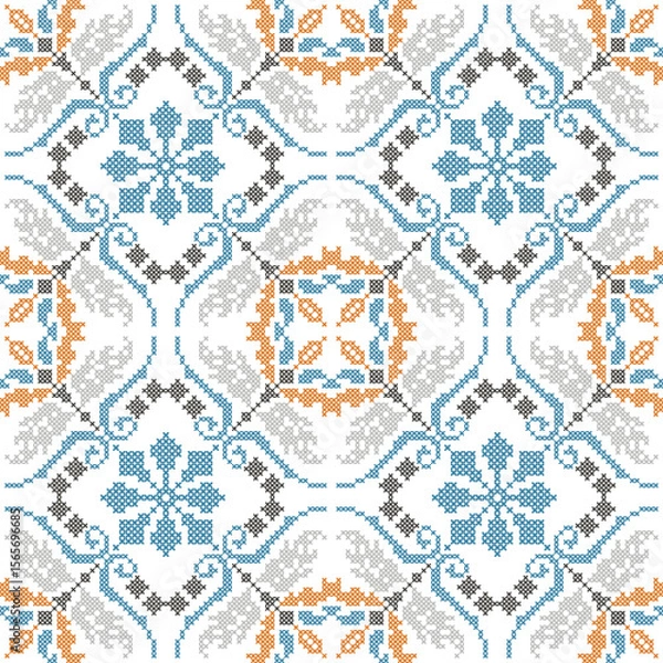Fototapeta Decorative tiles in a seamless, elaborate, pixelated Geometric flower that is smooth tile design in the Mediterranean style in shades of blue, gray, and orange