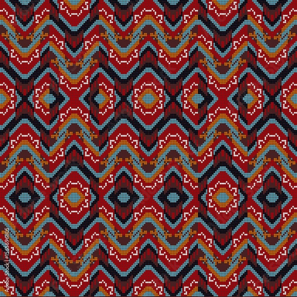 Fototapeta Tribal pixel illustrations or beautifully woven ethnic fabrics mix with interconnecting geometric zigzags and basic diamond motifs for an elegant hand-loomed tapestry.