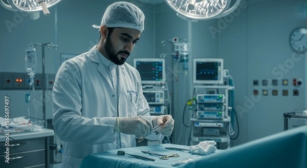Obraz Focused surgeon prepares surgical instruments in a modern operating room, showcasing precision and sterile environment.
