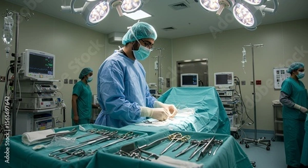 Obraz Focused surgeon performs delicate procedure in a modern operating room, assisted by a surgical team.