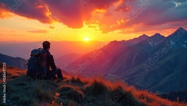 Obraz A lone backpack sits on a windswept hill overlooking a vast, dramatic landscape of mountains and valleys under a vibrant sunset Perfect for adventure, travel, and nature themes , backpack, sky