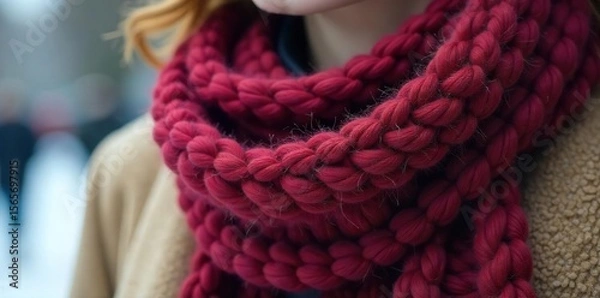Obraz Cozy chunky knit winter scarf in rich burgundy, perfect for adding warmth and style to any winter outfit Soft texture, luxurious feel, ideal for cold weather , scarf, texture, soft
