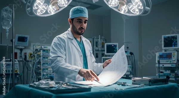 Obraz Focused surgeon meticulously reviews surgical plan in a modern operating room, illuminated by surgical lights.
