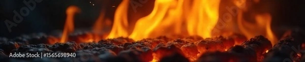Obraz Intense Grilling Flames Vibrant Orange and Yellow Fire Licking Upwards, Illuminating the Night - Perfect for BBQ, Summer, and Food Themes