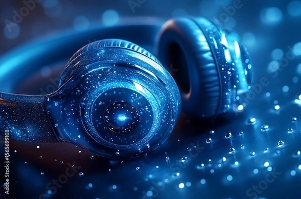 Obraz Immersive Audio Blue Headphones and Sparkling Lights