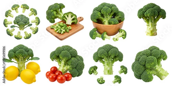 Fototapeta Broccoli arranged on a white background with tomatoes and lemons, set  