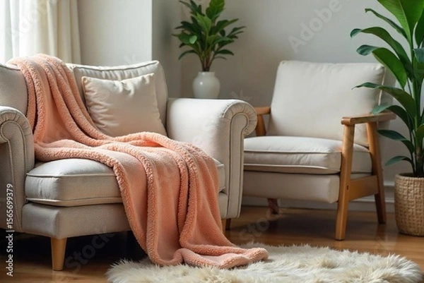 Obraz Cozy Living Room with Plush Blanket, Warm and Inviting Atmosphere, Perfect for Home Decor, Comfort, and Relaxation