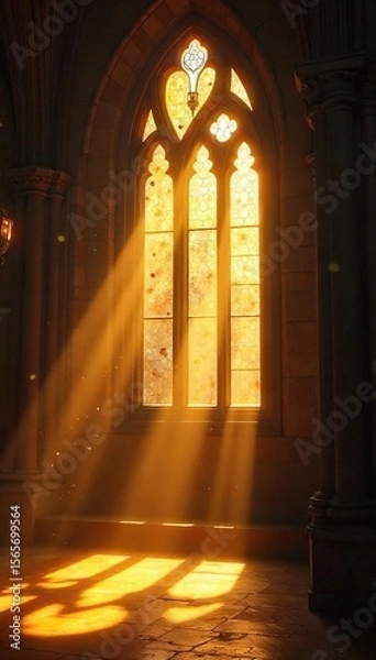 Obraz Mystical Golden Sunlight Streams Through Stained Glass, Illuminating Dust Motes in a Sacred Space, Creating an Ethereal Atmosphere of Divine Light and Warm, Rich Tones.