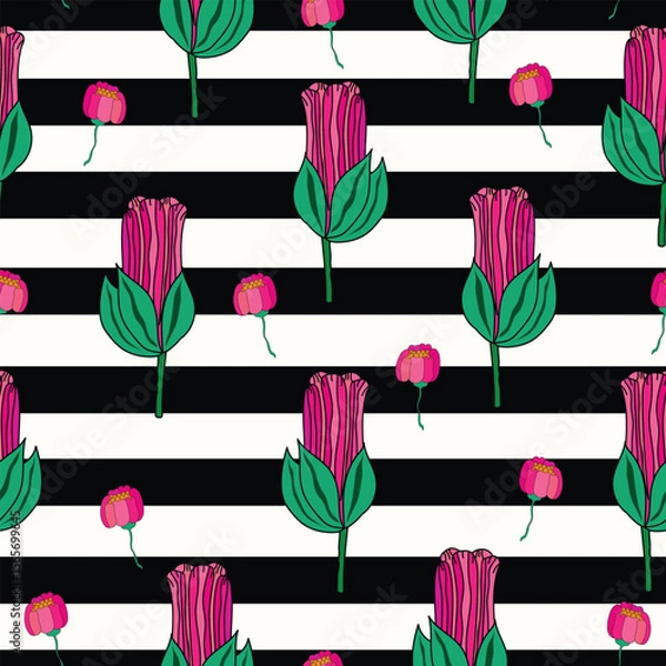 Fototapeta rose petal buds with big close roses on black stripes seamless pattern. Close roses with small pink buds seamless pattern. It is good for decorations, fabric, textile, prints and more.