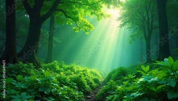 Obraz Tranquil Misty Forest Sunlight Filtering Through Lush Green Canopy, Glistening Leaves, Magical Atmosphere