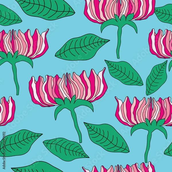 Fototapeta pink flowers with tints and shades with leaves on blue background seamless pattern. Colorful pink roses with green leaves seamless pattern. Good for fabric, textile, decorations, wrapping and more.