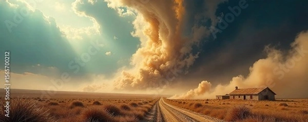 Obraz Epic swirling windstorm over dramatic landscape, perfect for fantasy or nature projects Dust devils and powerful gusts create a dynamic, breathtaking scene , grass, movement, dust devil