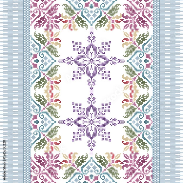 Fototapeta Decorative textiles in a soft pastel palette of pink, blue, and green with pixelated element