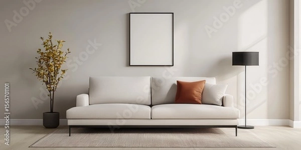 Fototapeta Decluttered home decor idea. Modern living room with a stylish sofa and decorative elements.