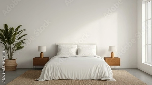 Fototapeta Decluttered home decor idea. Modern bedroom with minimalist design and natural light.