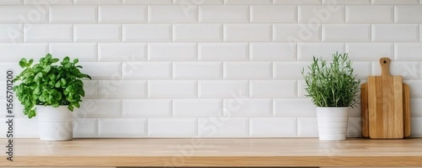 Fototapeta Decluttered home decor idea. Modern kitchen setting with plants and wooden cutting board.