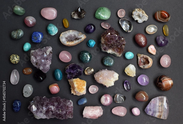 Fototapeta Background of beautiful natural colored semi-precious stones. Purple fluorite, rose quartz and amethyst on a dark background close-up.