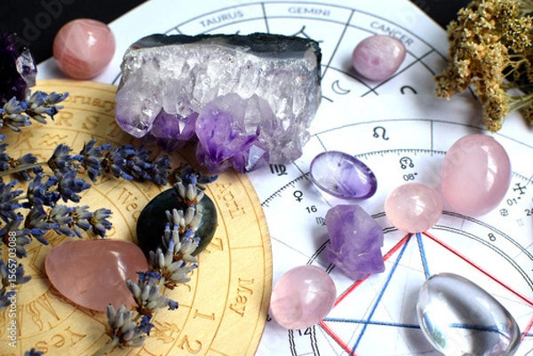 Fototapeta Beautiful crystals of amethyst and rose quartz and dried lavender herbs with symbols of the zodiac signs. Predictions, witchcraft, spiritual esoteric practice.