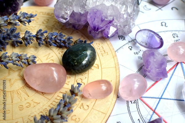 Fototapeta Beautiful crystals of amethyst and rose quartz and dried lavender herbs with symbols of the zodiac signs. Predictions, witchcraft, spiritual esoteric practice.